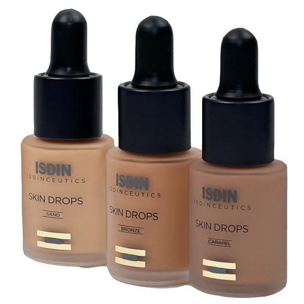 ISDIN SKIN DROPS, Skin Drops Sand and Bronze fluid foundation from ISDIN  with adaptable coverage that stays on your skin for up to 12 hours. It is  non-comedogenic. It